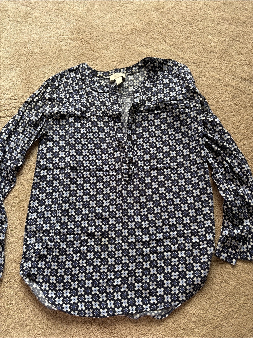 LOFT Navy and White Floral Henley Top
